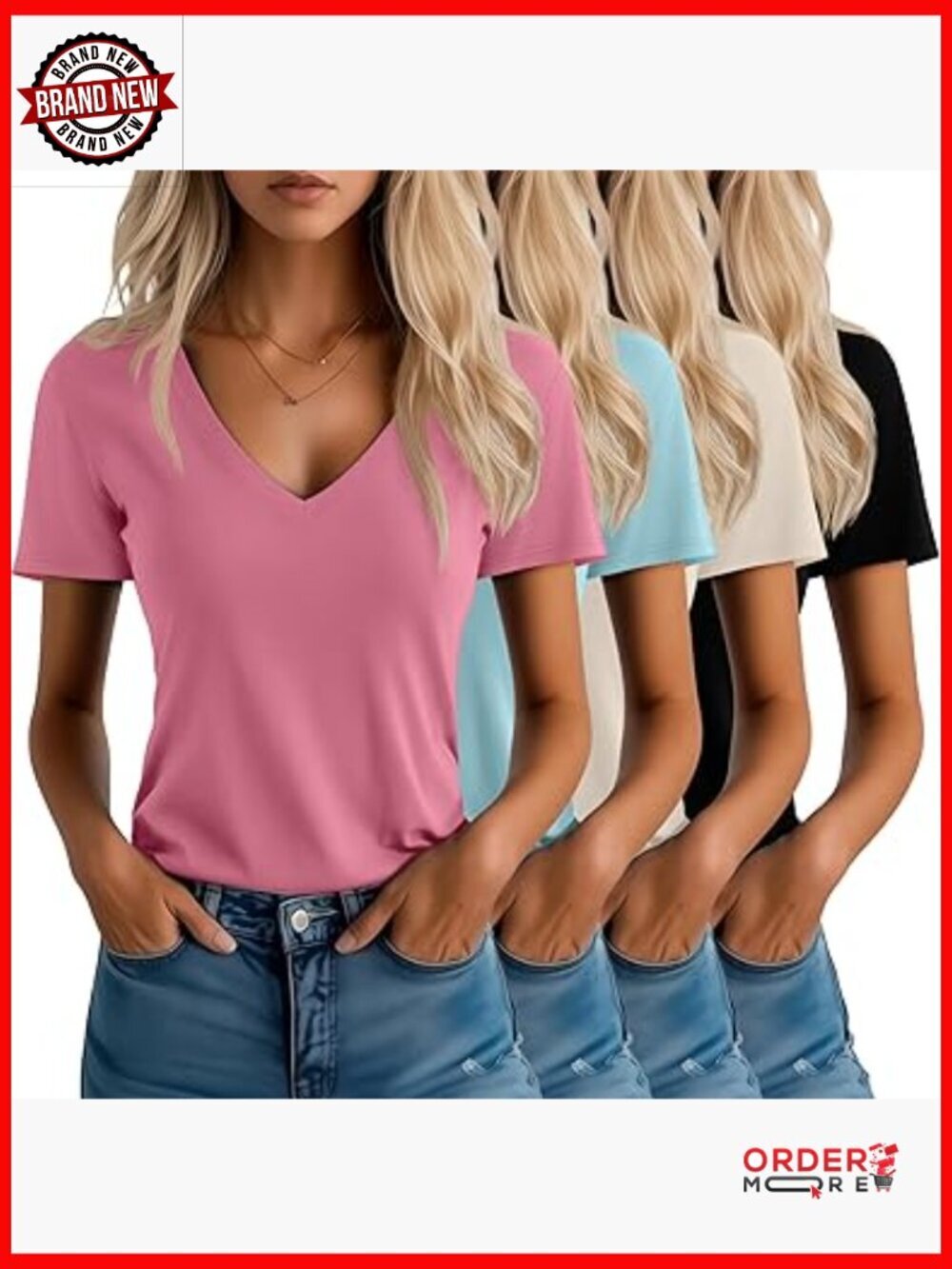 4 Pack Women's V Neck Short Sleeve T-Shirts Loose Fit Casual Basic Tees